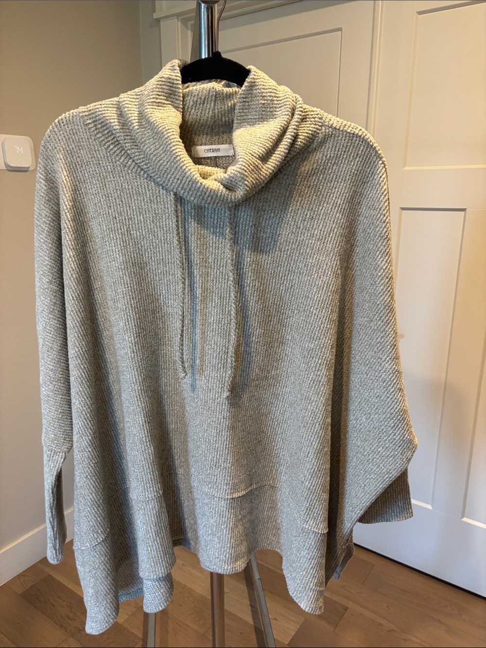 Cherish Heathered Light Gray Cowl-Neck Poncho Sweater